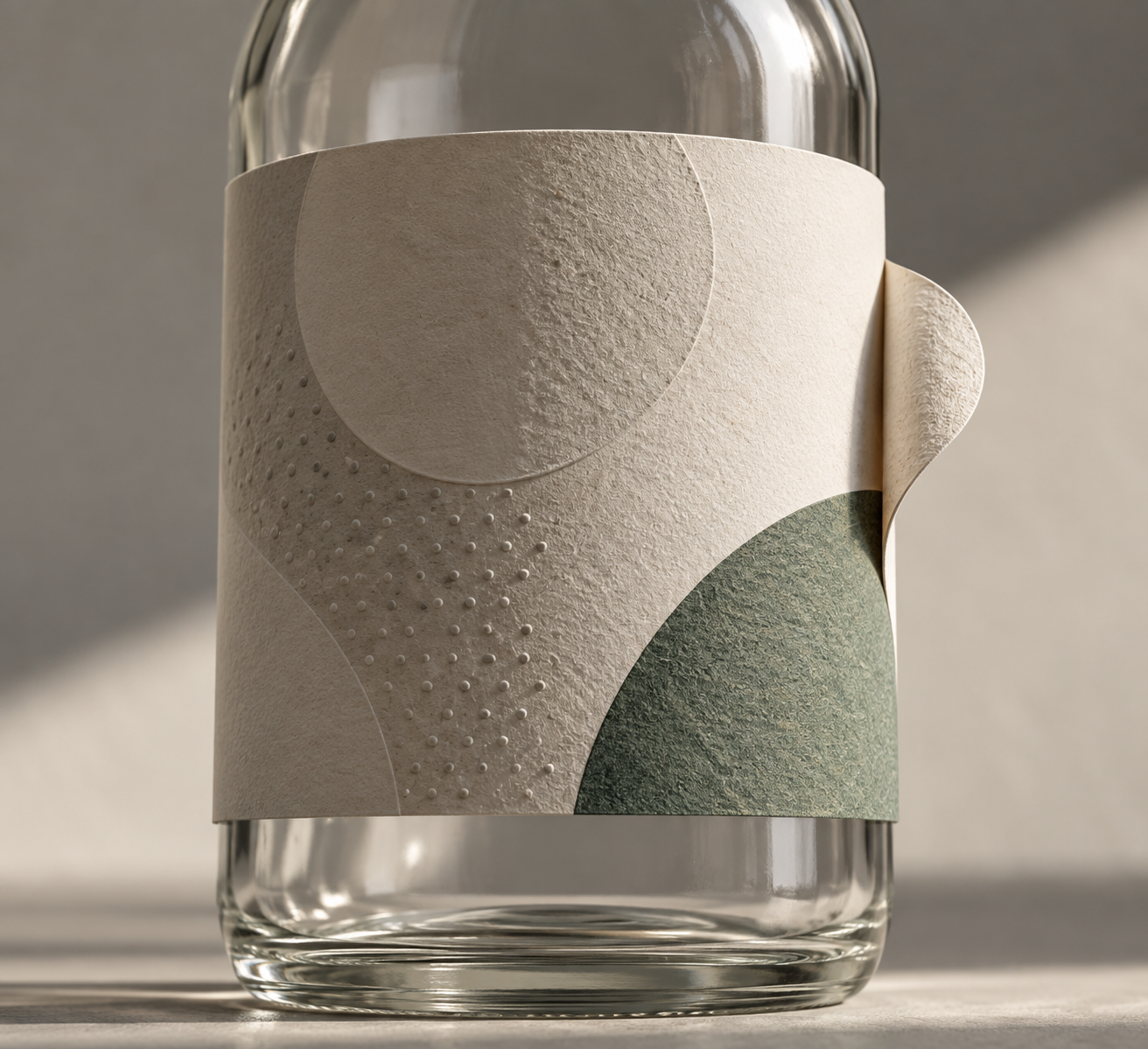 AI-generated conceptual illustration, not the real label: close-up of an abstract, typography-free paper label wrapped around a generic glass bottle.
