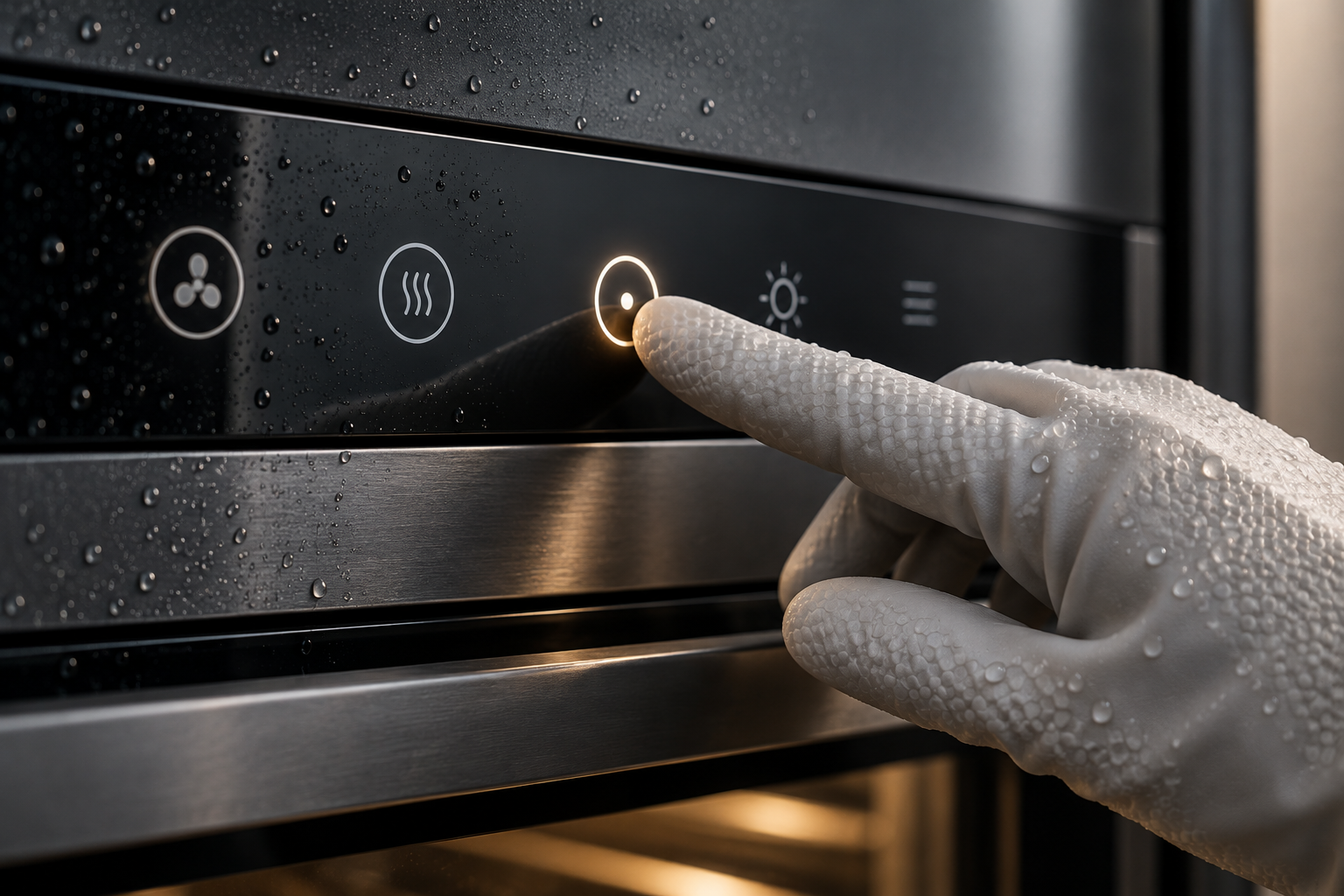 A gloved finger touches an illuminated control on a wet conceptual appliance panel