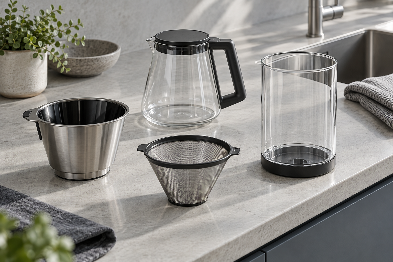 Separate metal brew basket, mesh filter, glass carafe and water vessel arranged beside a sink.