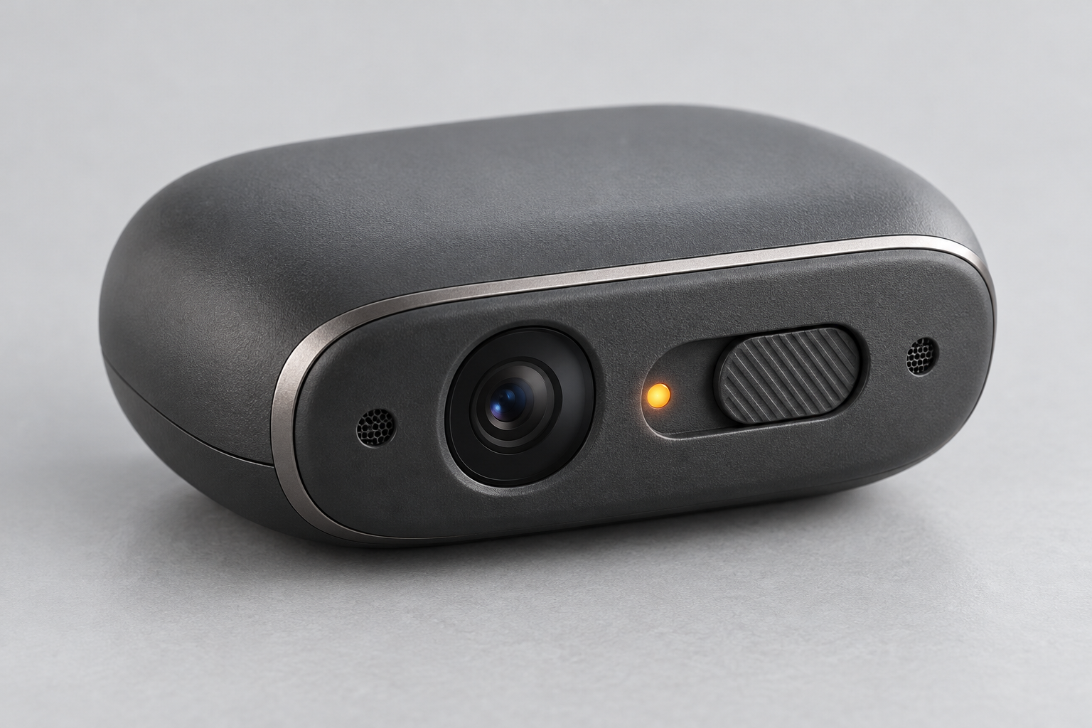 Conceptual illustration of a compact wearable with a camera lens and a small amber privacy indicator.