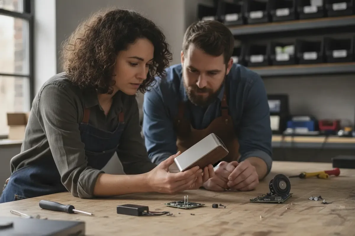 Designer and production partner reviewing an assembled product and its component layout