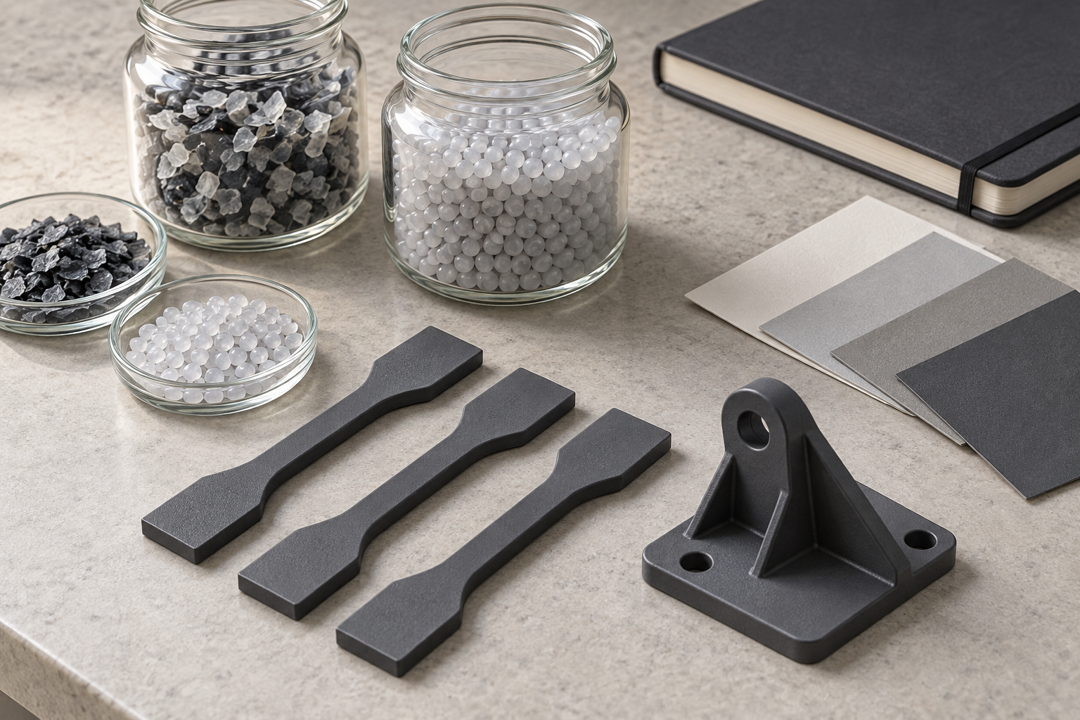 Generic molded test coupons and bracket with material samples.