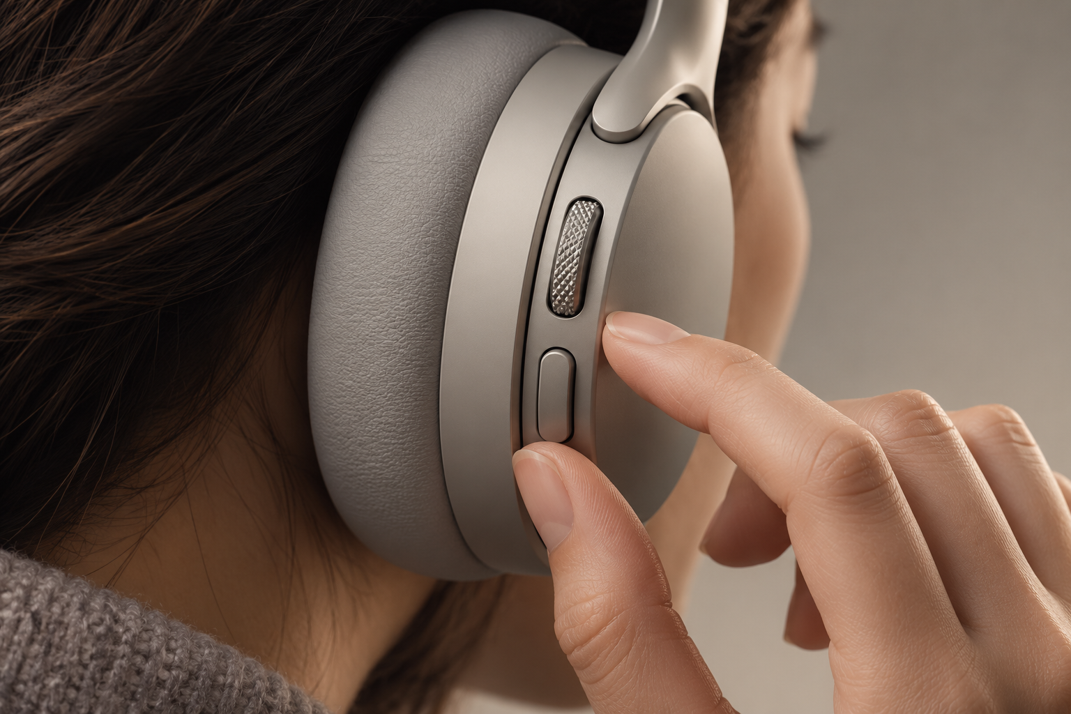 AI-generated conceptual illustration, not the real product: a hand operating tactile controls on an unbranded over-ear headphone.