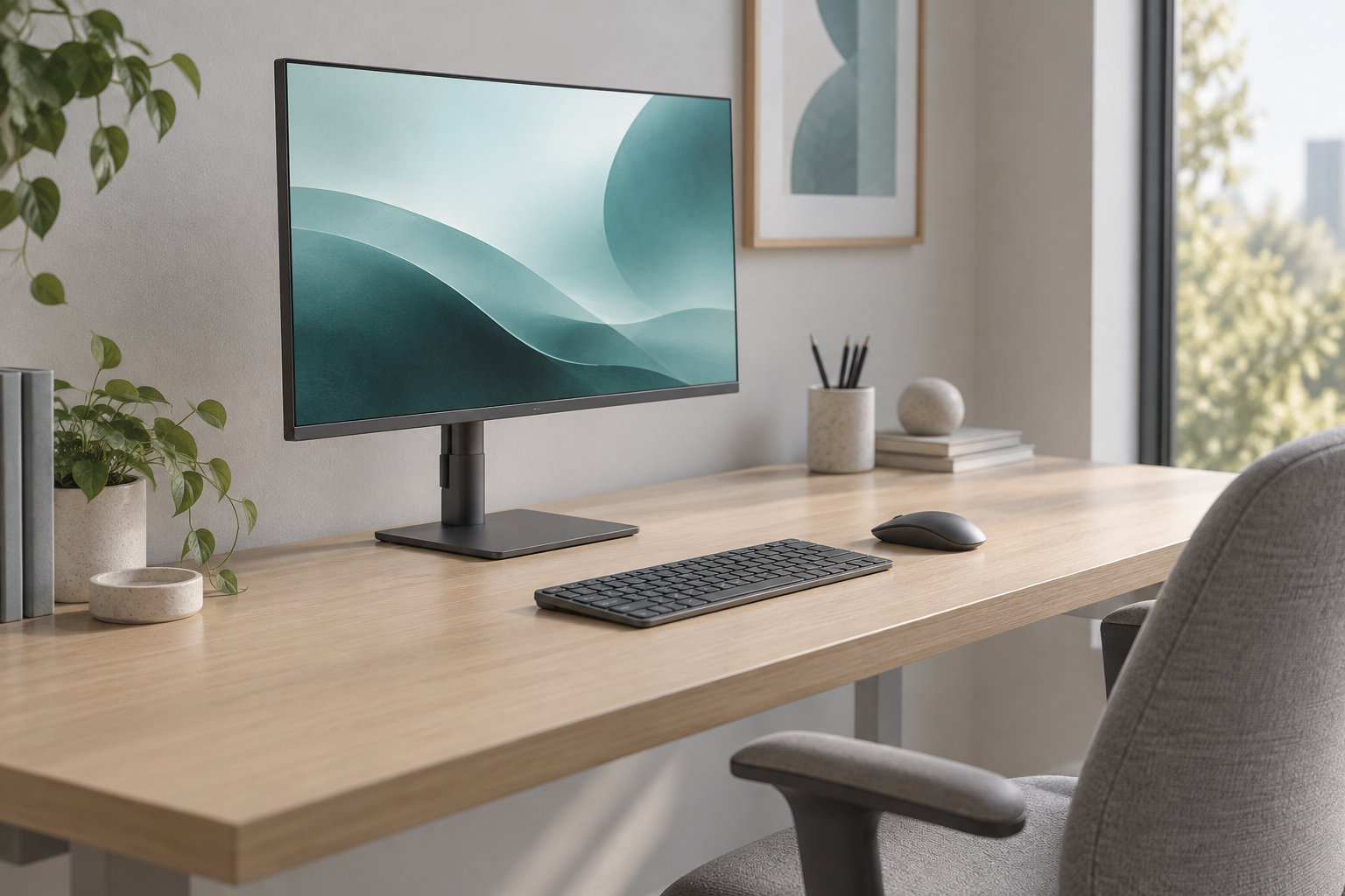 Conceptual compact monitor and adjustable stand on a desk with clear keyboard and mouse space.