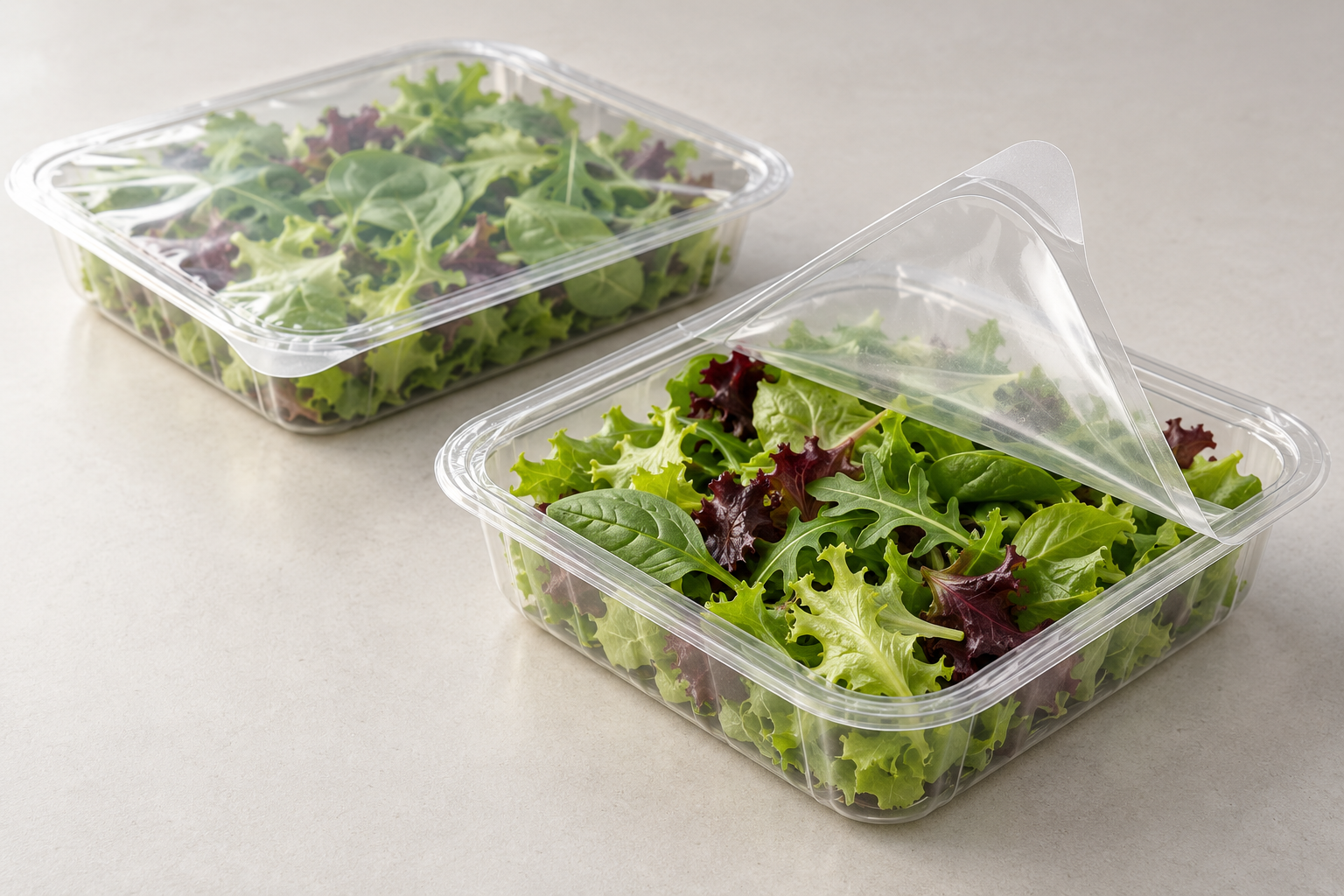 Two generic salad trays showing sealed film and a partially peeled corner tab.