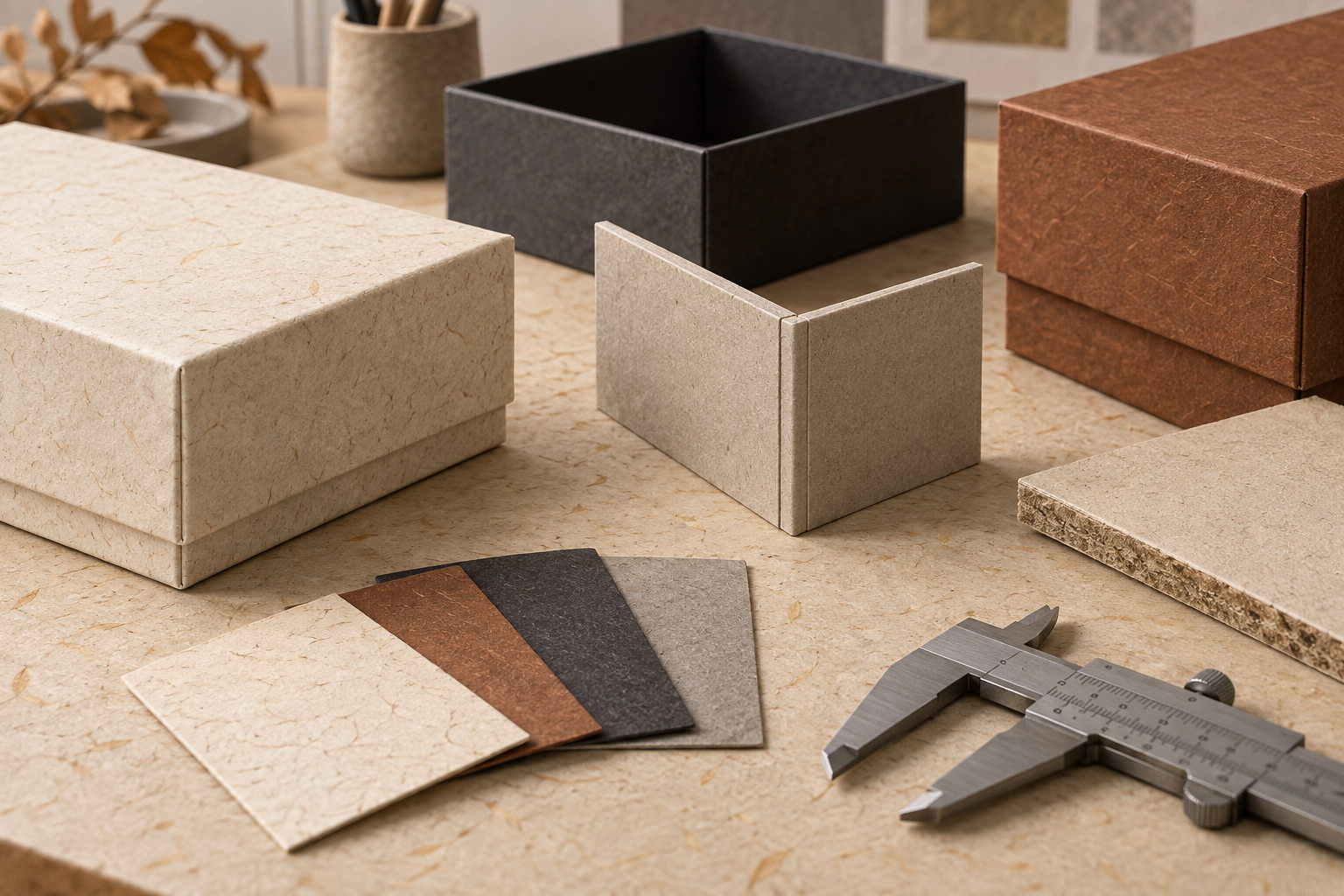 AI-generated conceptual illustration of packaging corner, fold, cut edge, and surface samples arranged for material evaluation.