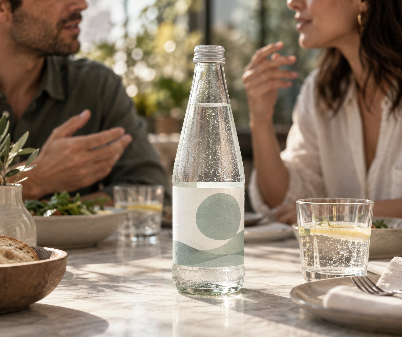 AI-generated conceptual illustration, not an actual campaign: two diners talking with a generic unlabeled-brand bottle in the foreground.
