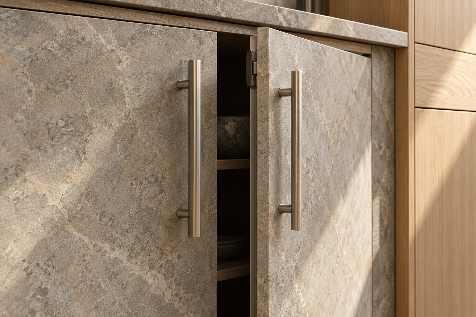 Generic stone-faced kitchen door shown slightly open beside a neighboring door and oak cabinet.