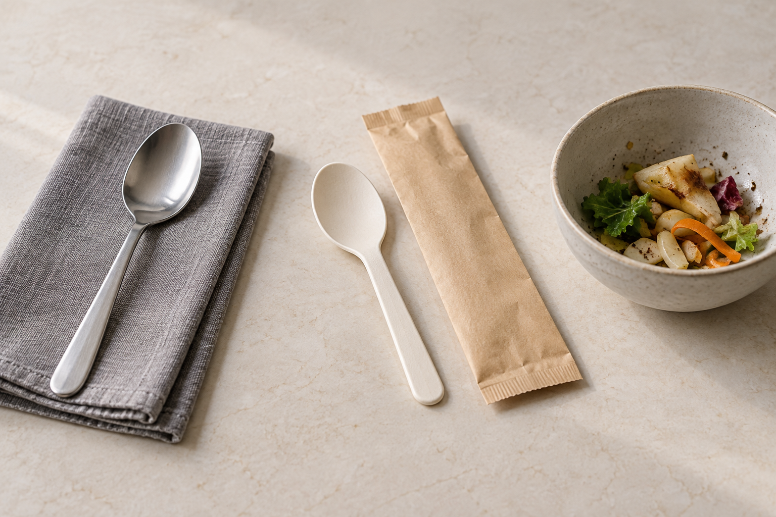 AI-generated conceptual illustration of reusable and molded spoons, a blank sleeve and a separate bowl of food scraps.