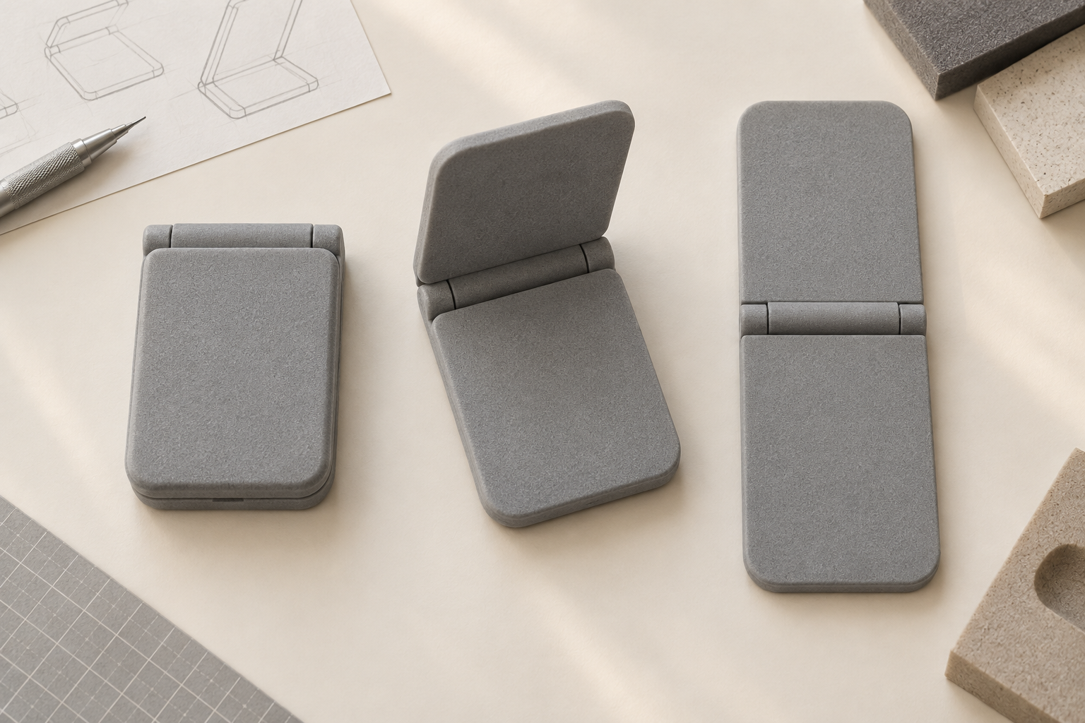 Three conceptual folding foam prototypes in different positions.