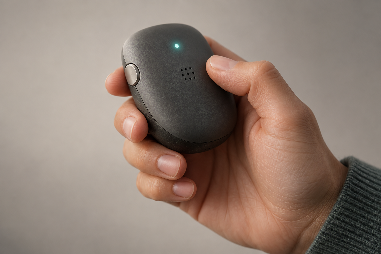 AI-generated conceptual illustration of a hand holding a generic compact voice device with a tactile edge control and subtle indicator light.