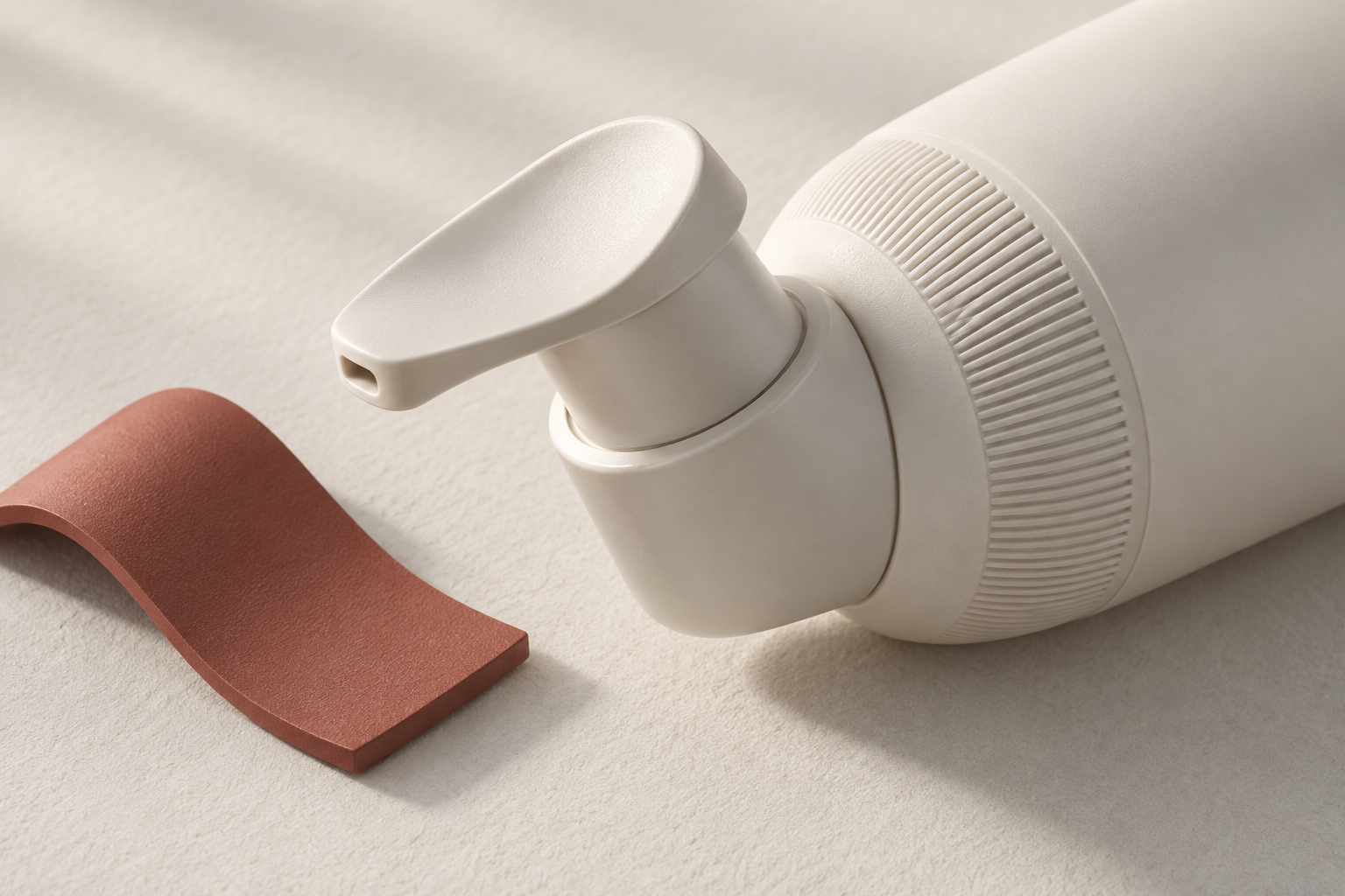 AI-generated concept showing tactile details on an unbranded skincare dispenser.