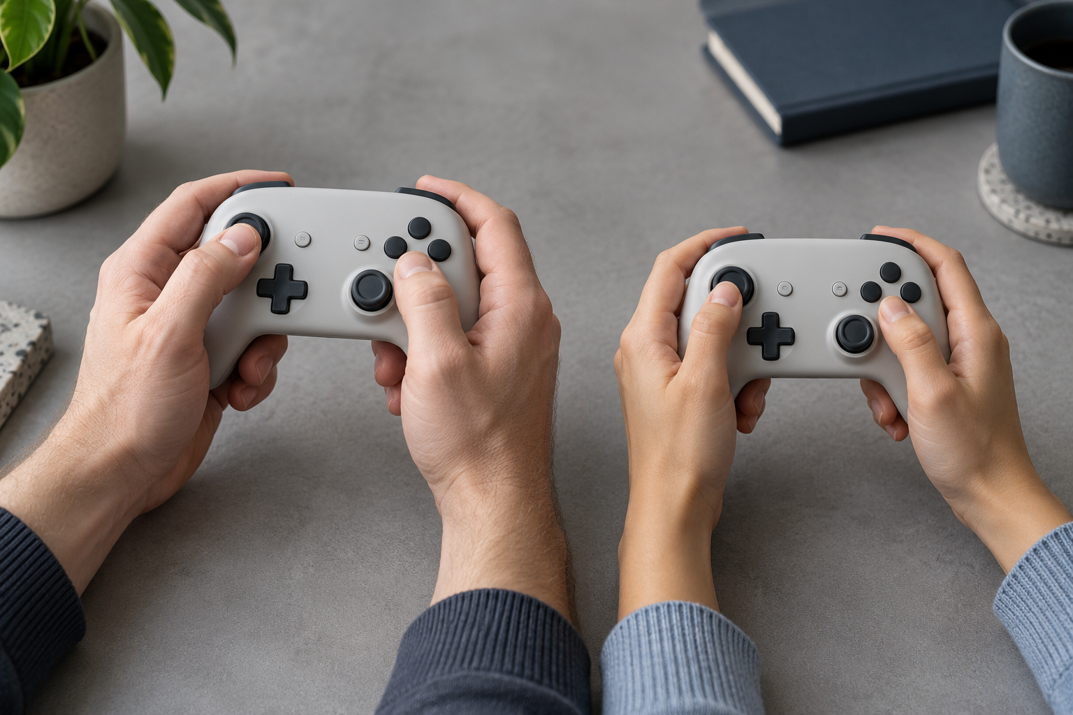 Hands of different sizes holding a compact controller to compare thumb reach and grip support