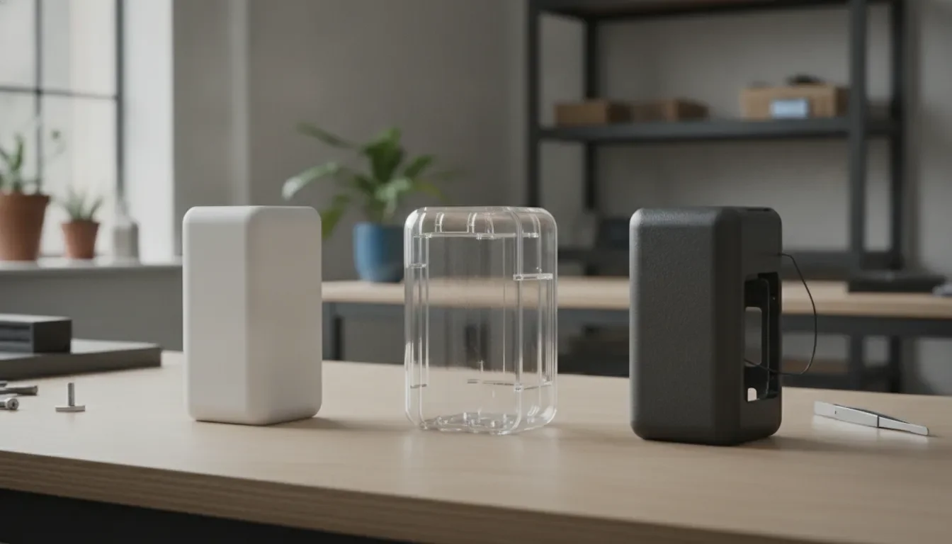 Physical product prototypes on a studio workbench, including an appearance model, a fit-check shell, and a functional sample.