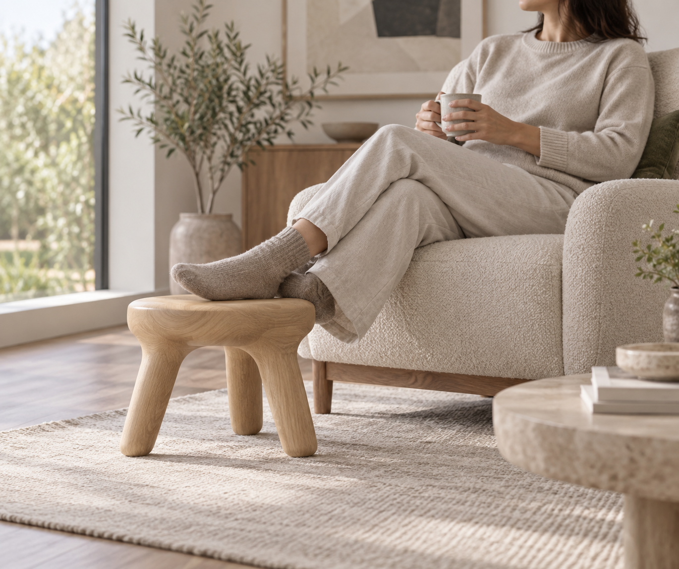 AI-generated conceptual illustration, not GUBI’s actual product: an unbranded low wooden stool beside a lounge chair to explore occasional seating context.