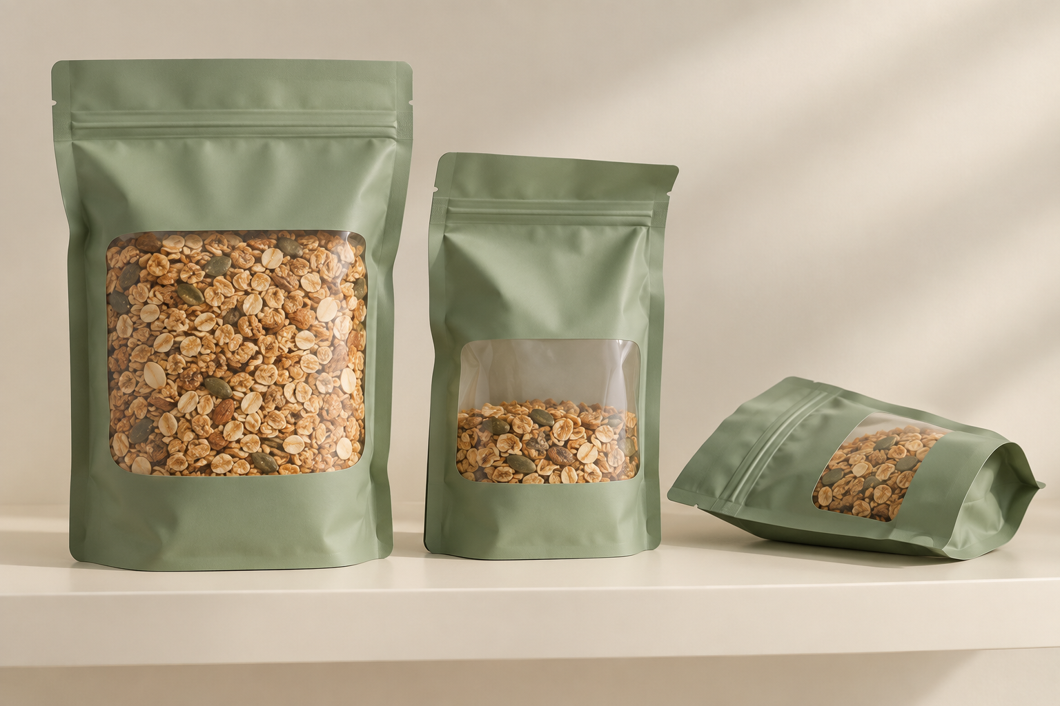 Sage snack pouch concepts showing different fill levels and shelf orientations.