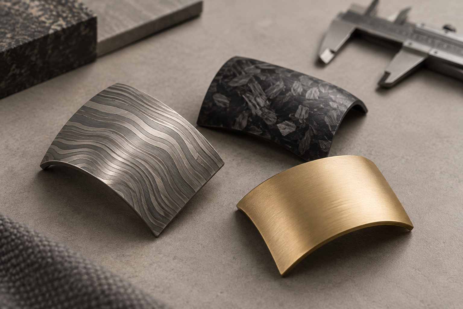 AI-generated conceptual illustration of contrasting patterned metal and composite material samples for a generic product design study.