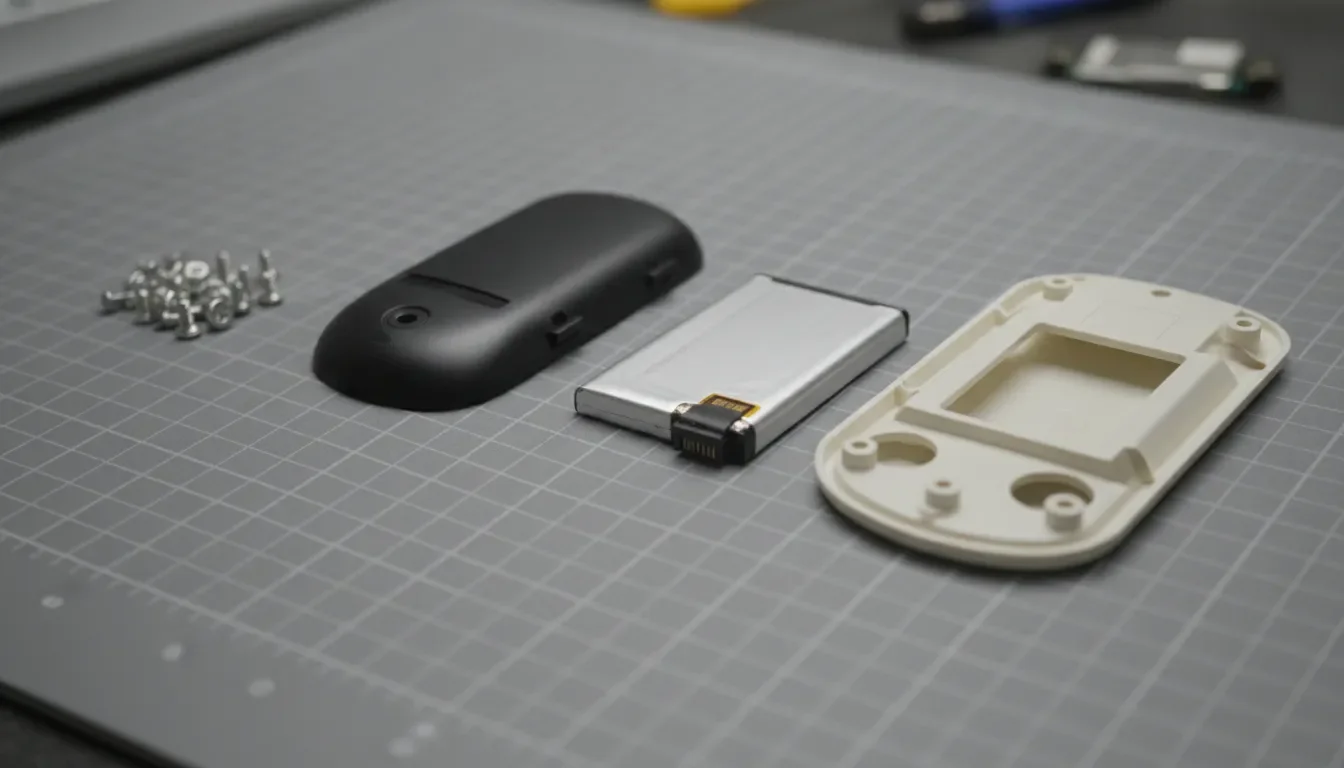 Opened handheld device with screws, a snap-fit cover, a battery module, and a plastic housing laid out in removal orde.