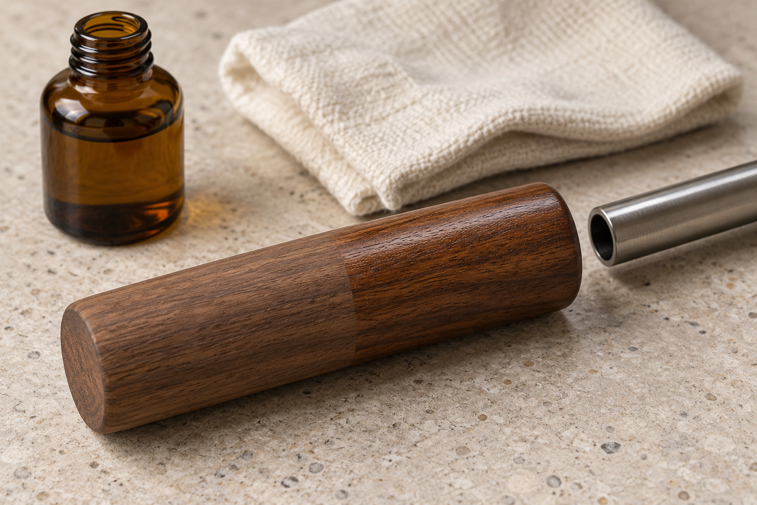 AI-generated conceptual illustration of a walnut sample, soft cloth and unlabeled oil bottle.