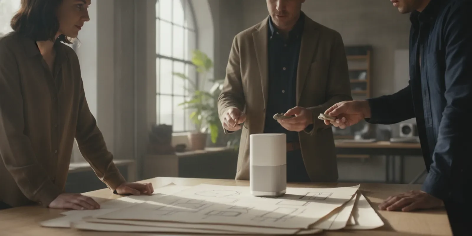Product team reviewing a written project scope beside a physical product prototype