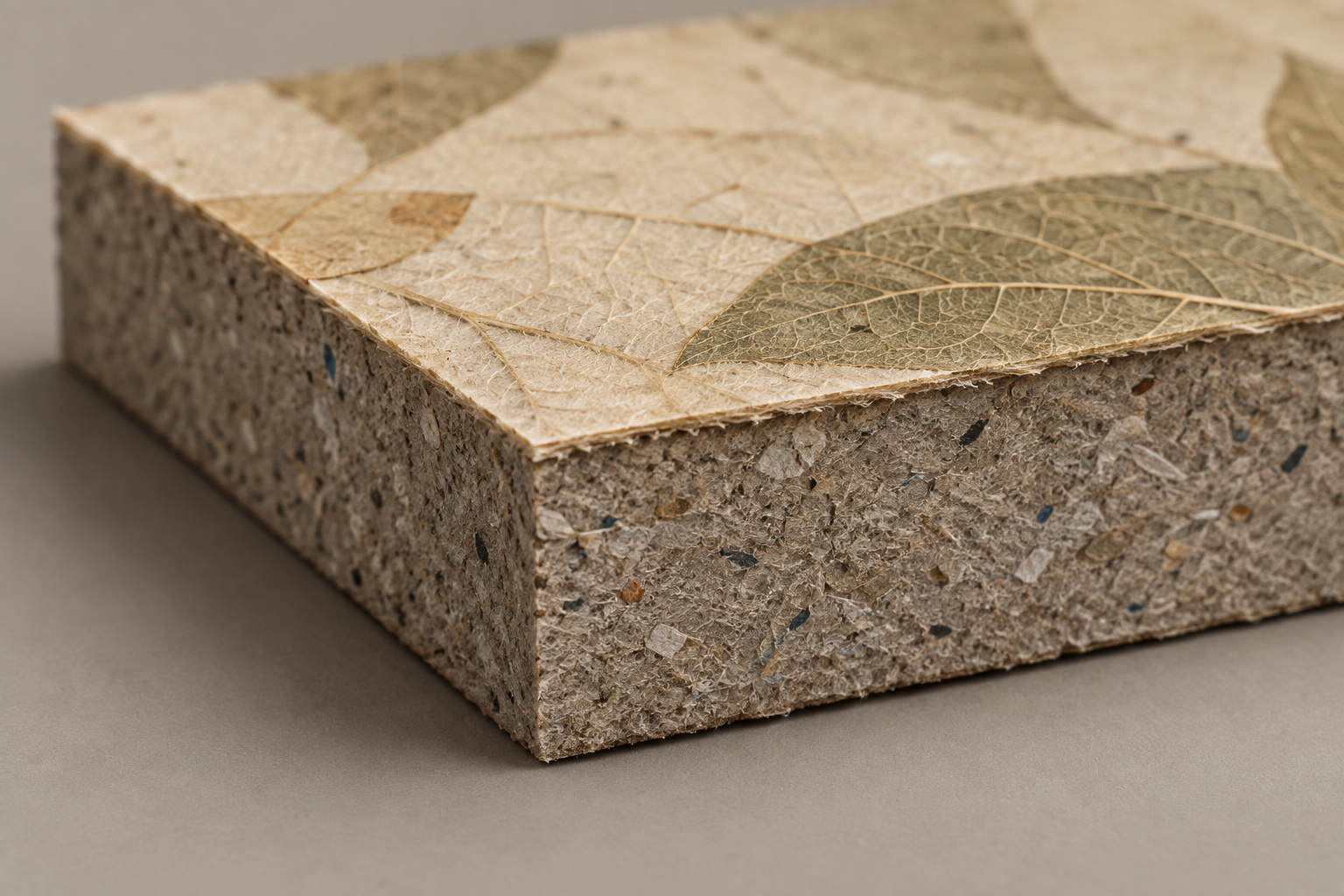 AI-generated conceptual illustration showing a layered packaging material sample with a solid board base and leaf-paper face layer.