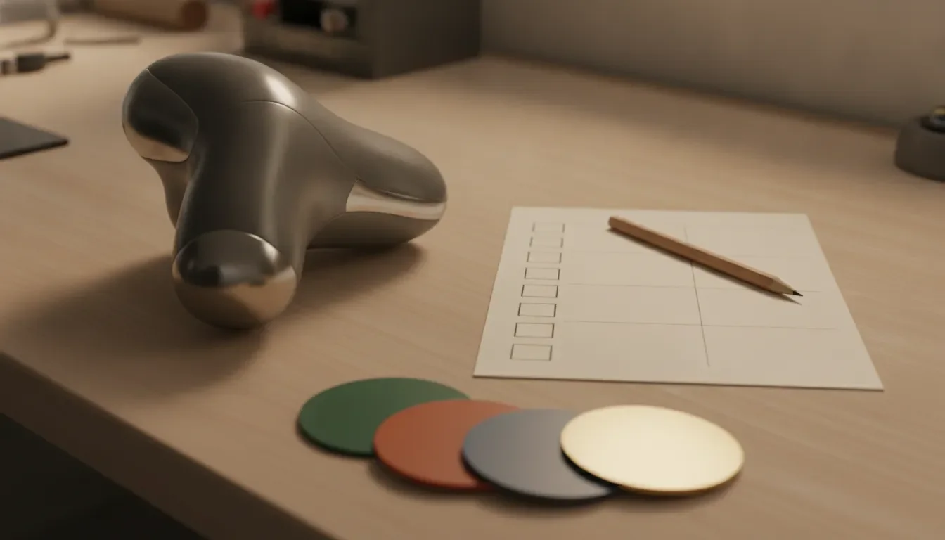 Physical product prototype beside blank checklist paper, a pencil, and material chips on a work table