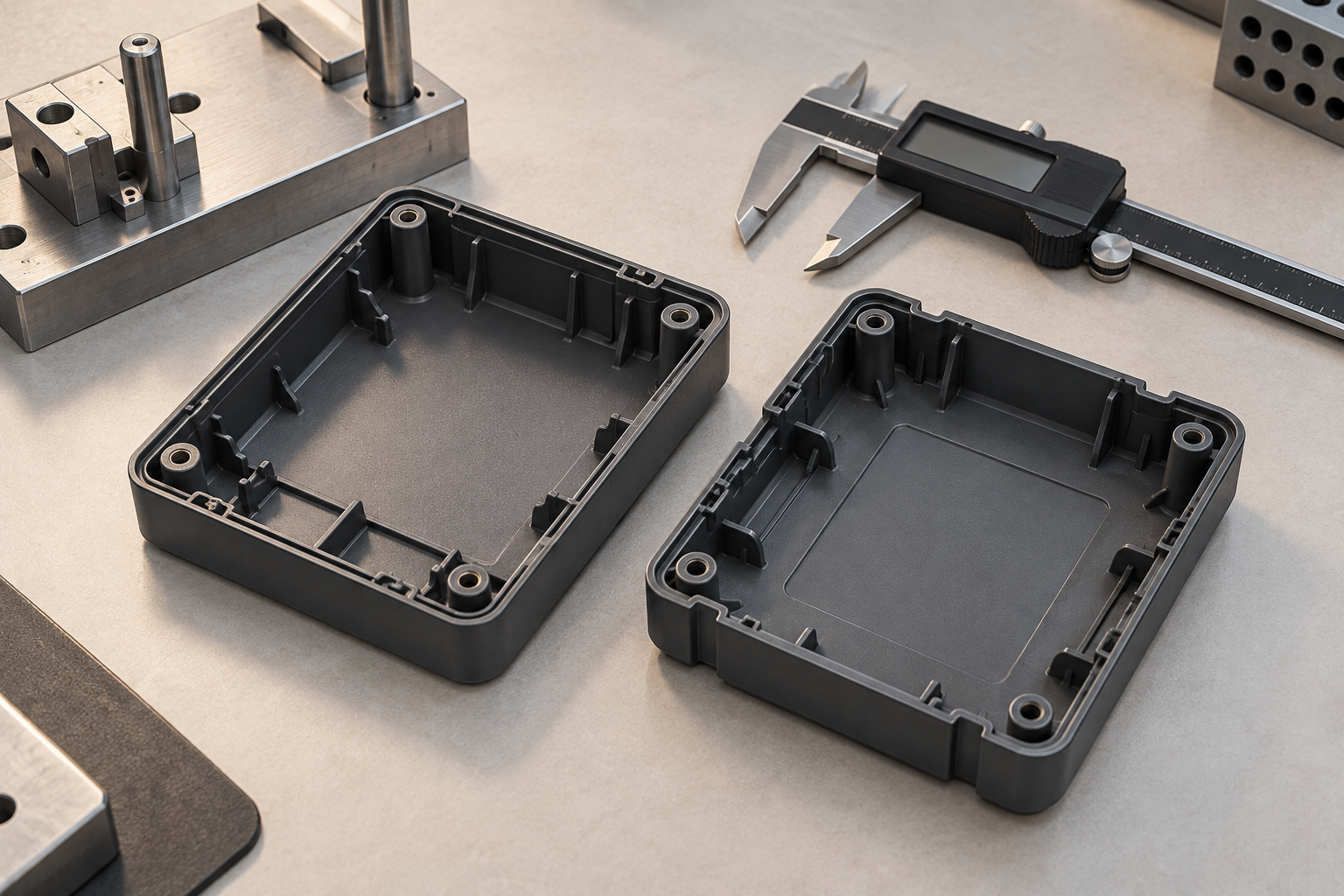 Two generic molded enclosure halves and inspection tools.