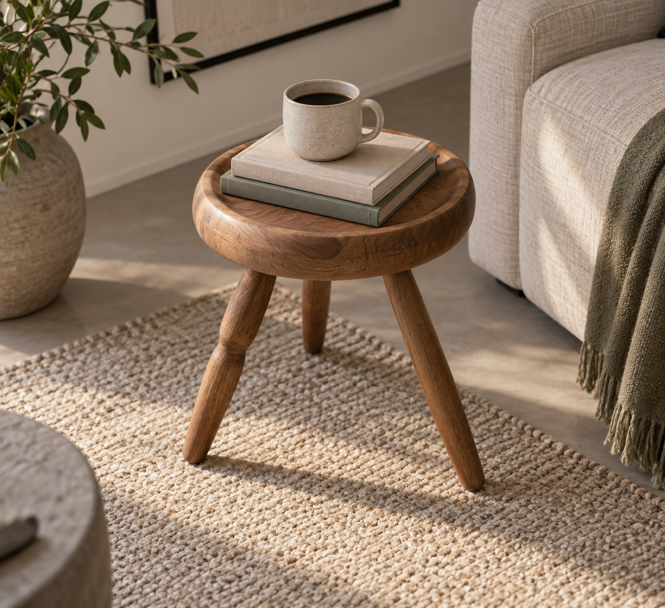 AI-generated conceptual illustration, not GUBI’s actual product: a low unbranded wooden stool used as a side surface beside a chair.
