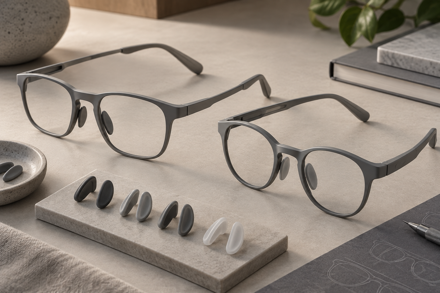 AI-generated eyewear frame concepts with separate nose pad samples.