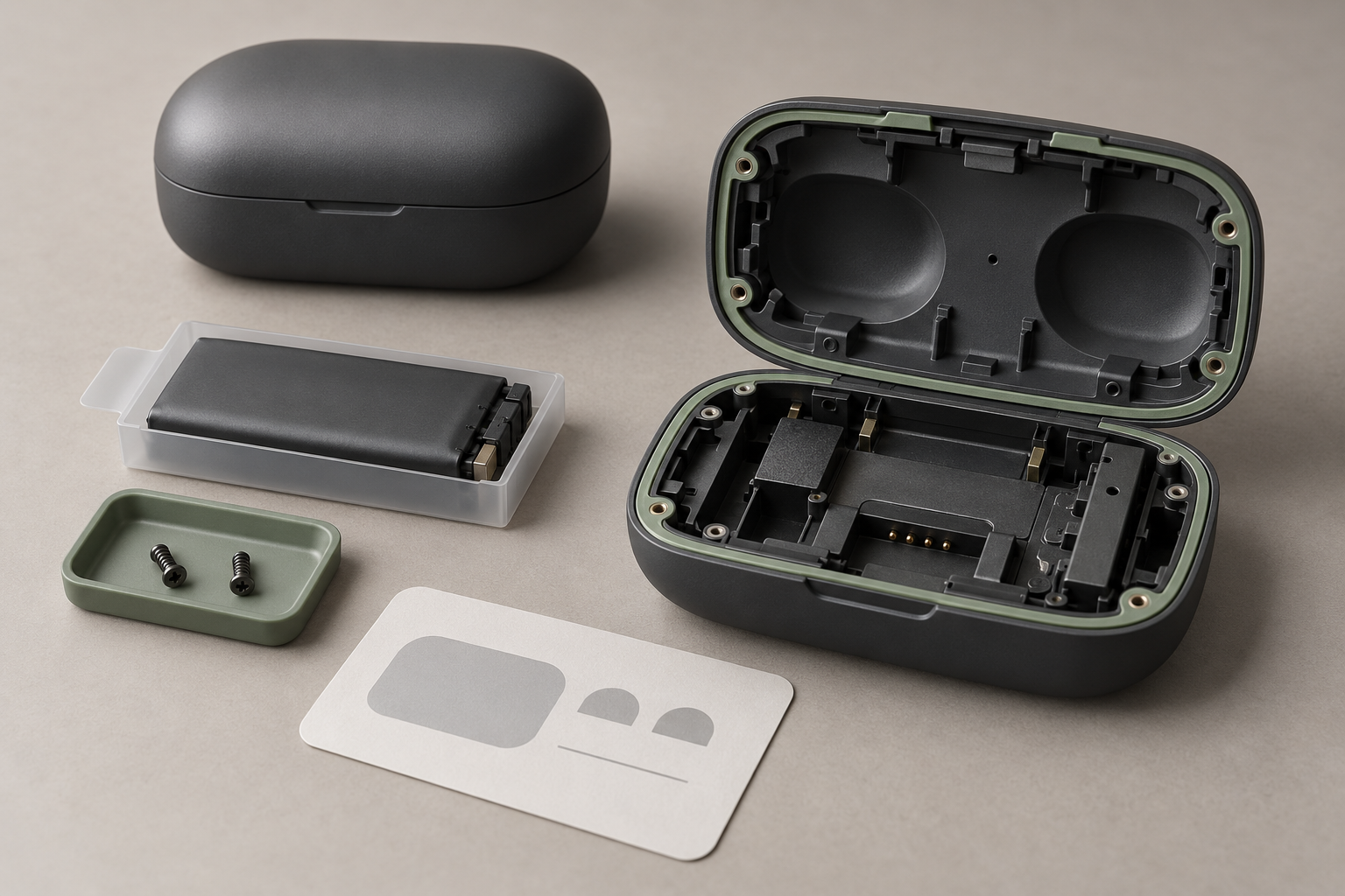 AI-generated conceptual illustration of a generic serviceable charging-case enclosure and replacement battery.