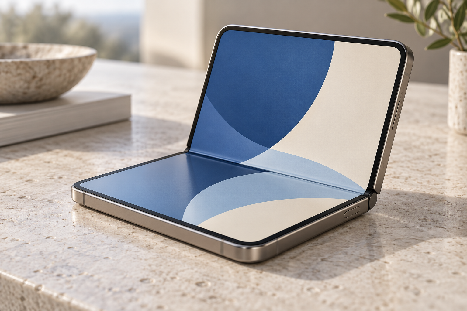 Conceptual folding handheld device resting partly open on a tabletop.