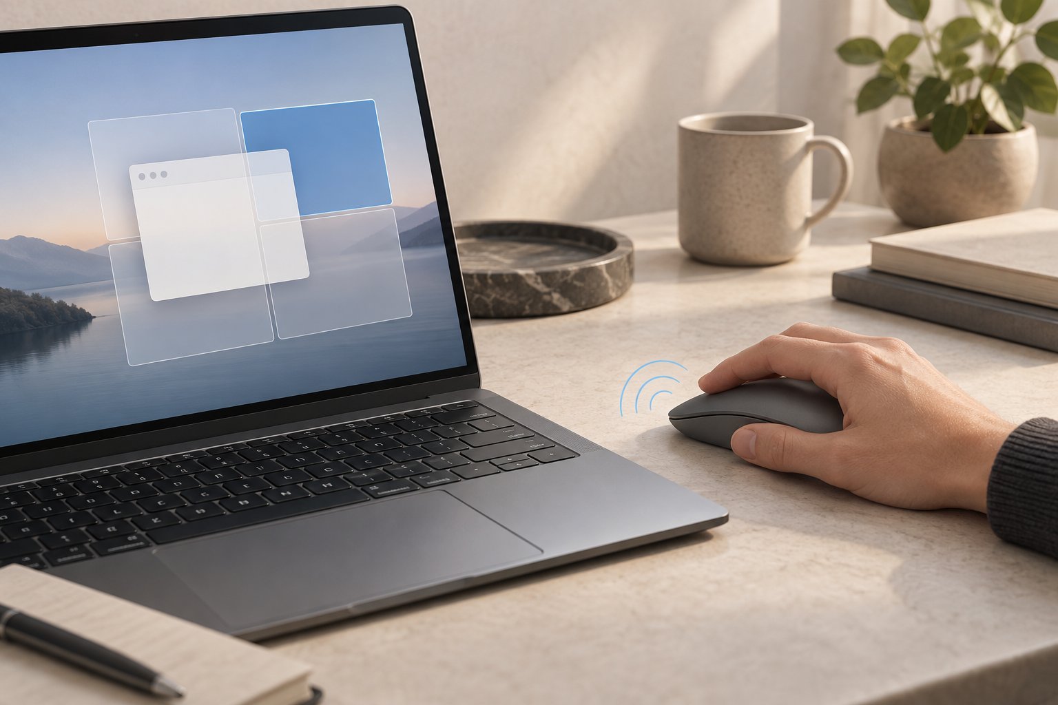 Conceptual laptop and generic mouse illustrating tactile confirmation when a window snaps into place