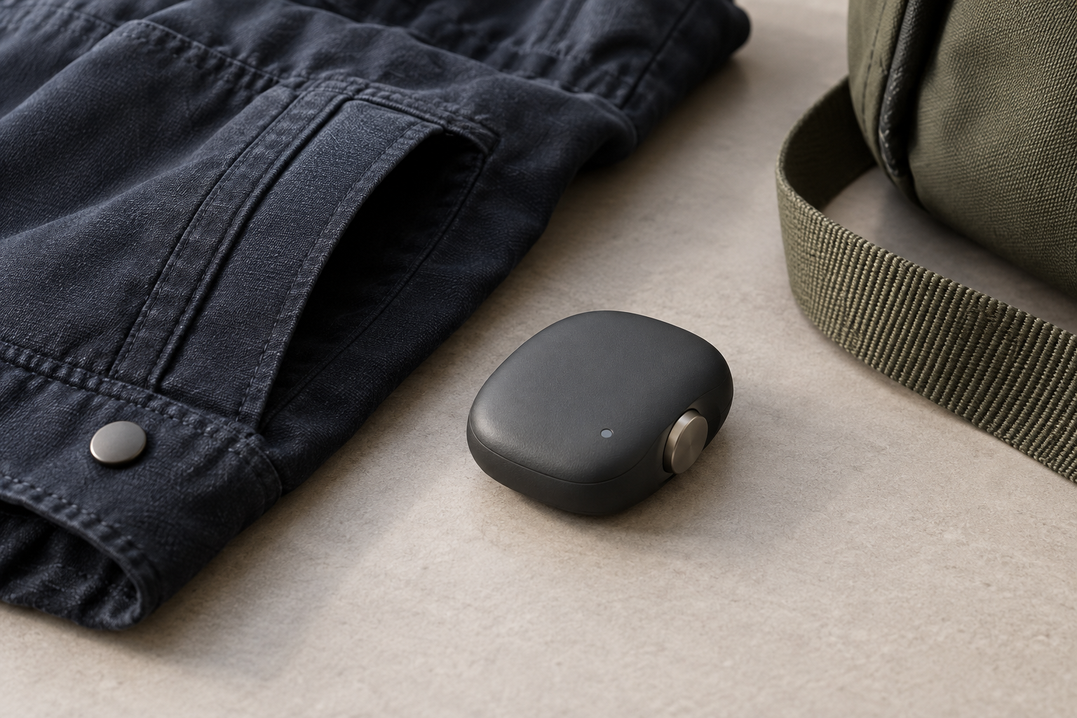 AI-generated conceptual illustration of a generic small voice device placed between a jacket pocket and a plain fabric loop, exploring portability contexts.