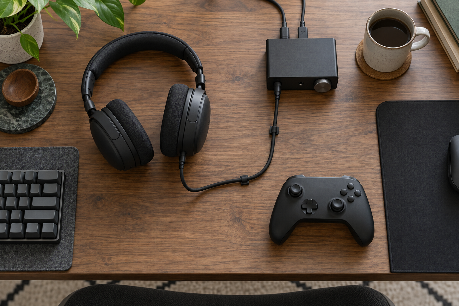 Wired headphones and a game controller on a desk with a cable routed to an audio interface.