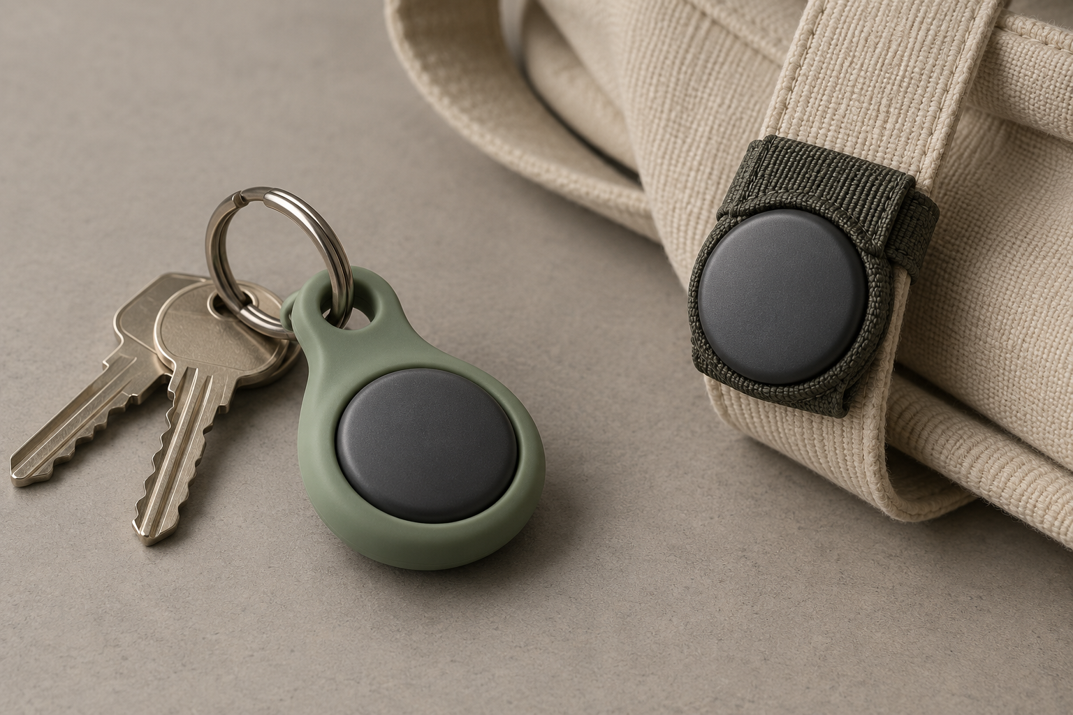Generic tracker concepts attached to keys in a silicone sleeve and to a canvas bag strap in a fabric loop.