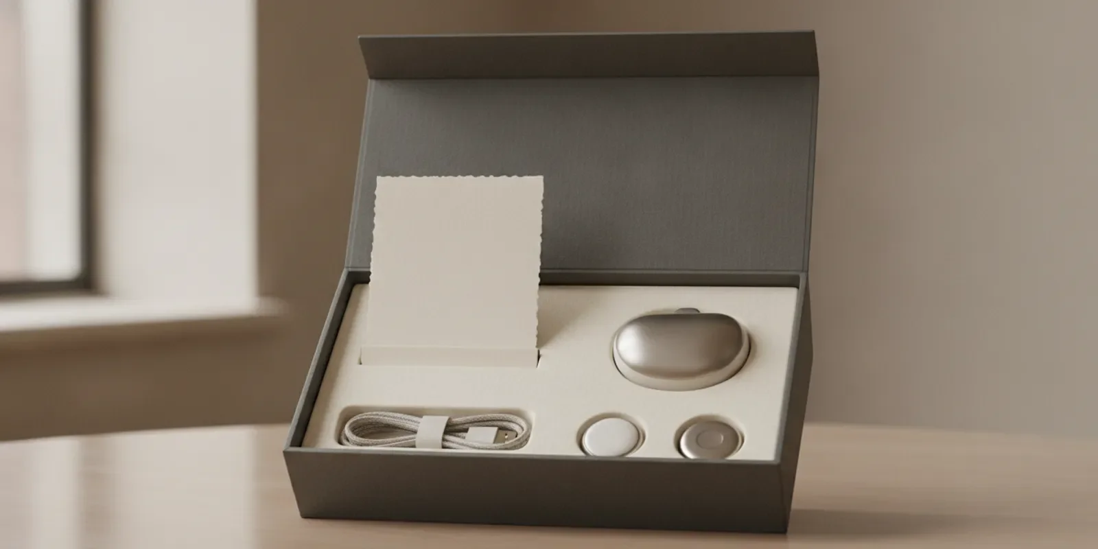 An open product launch package with neatly arranged contents and a protective fitted interior