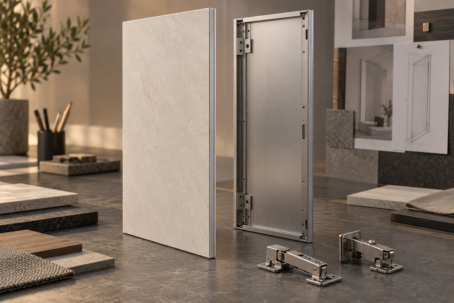 Slim pale surface panel, aluminum carrier and hinge samples arranged on a design workbench.