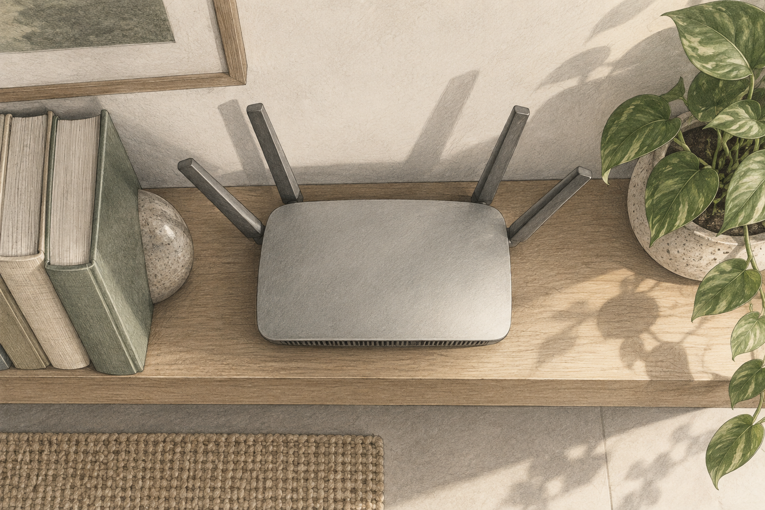 Top-down conceptual study of a router with antennas positioned near a shelf wall, books and a plant.