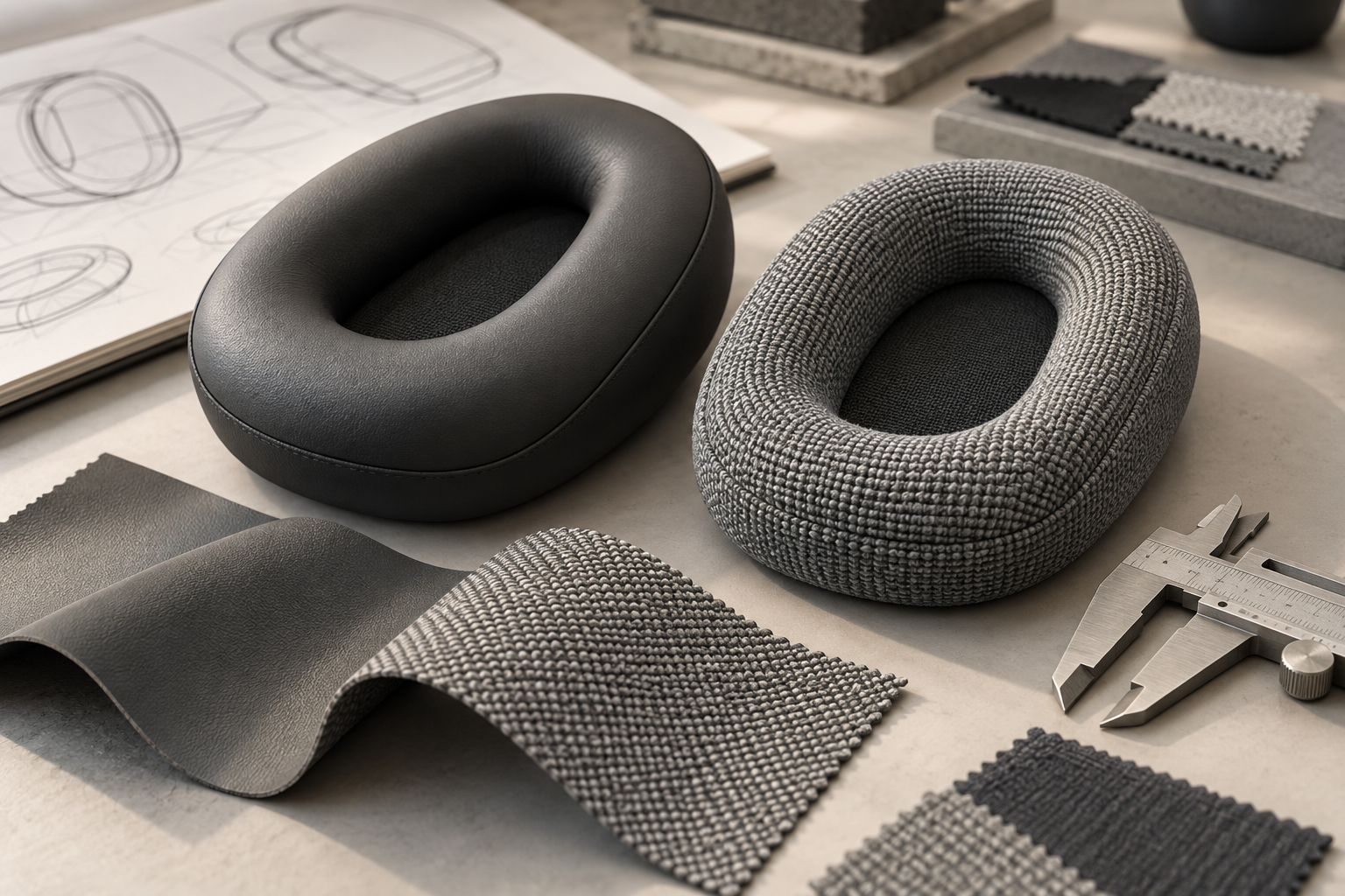 Two headphone cushion concepts with curved textile samples and a caliper.