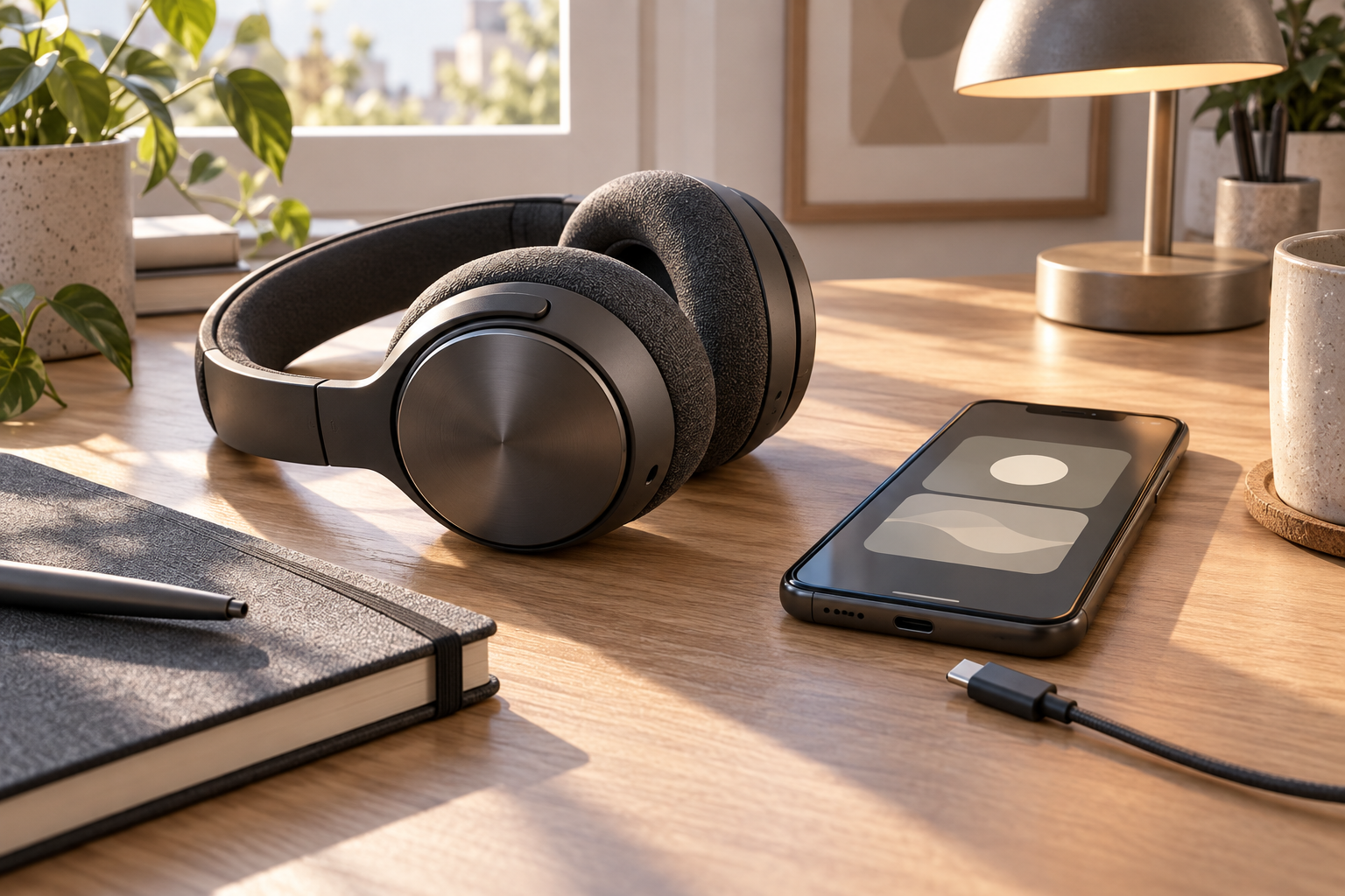 Generic headphones, a phone with abstract controls and a charging cable on a desk.