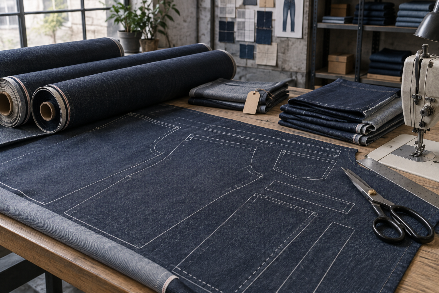 Conceptual illustration of denim lengths and pattern outlines arranged on a cutting table