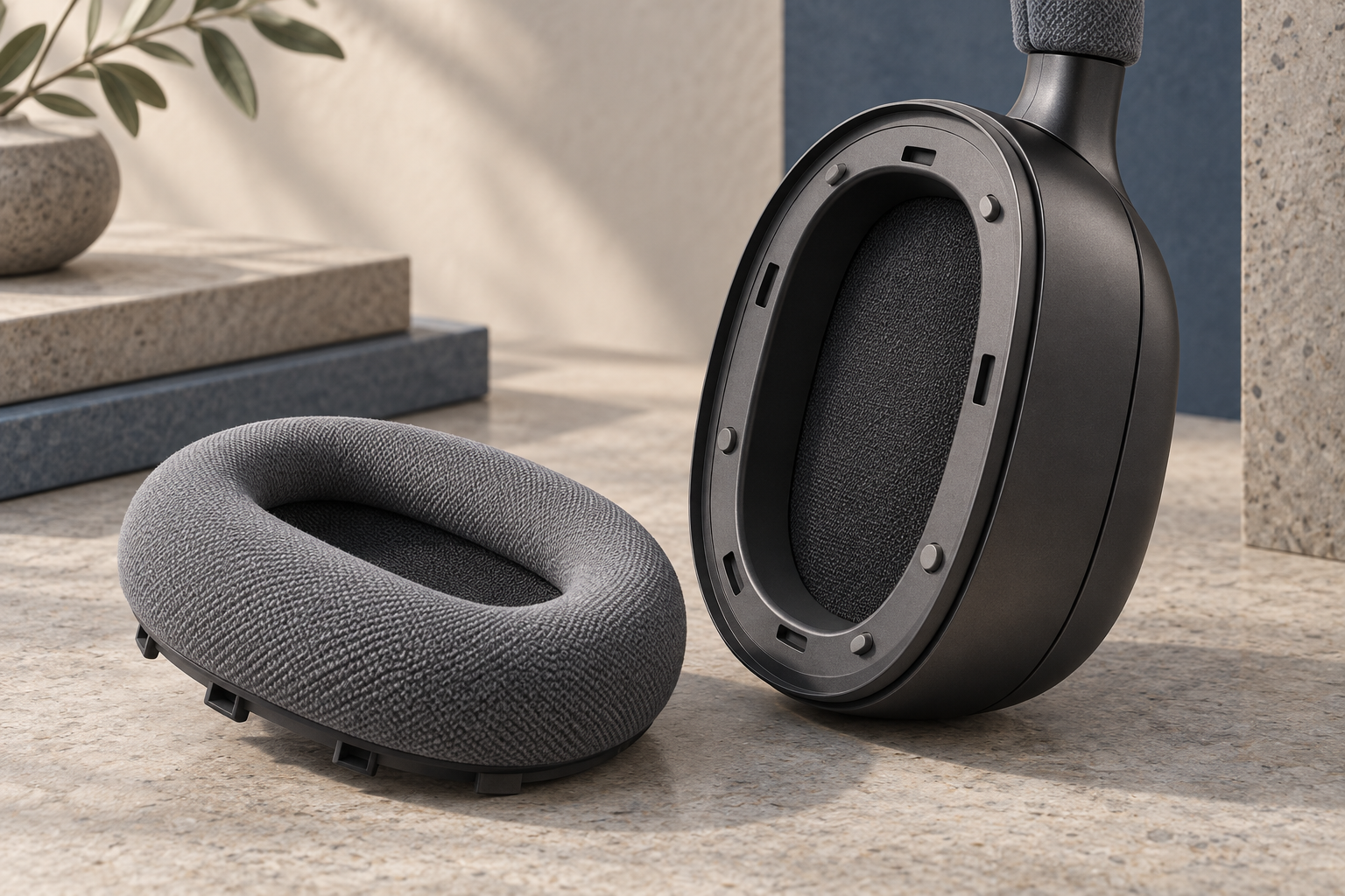 AI-generated conceptual illustration of a generic headphone earcup and detached fabric cushion, showing an attachment rim.