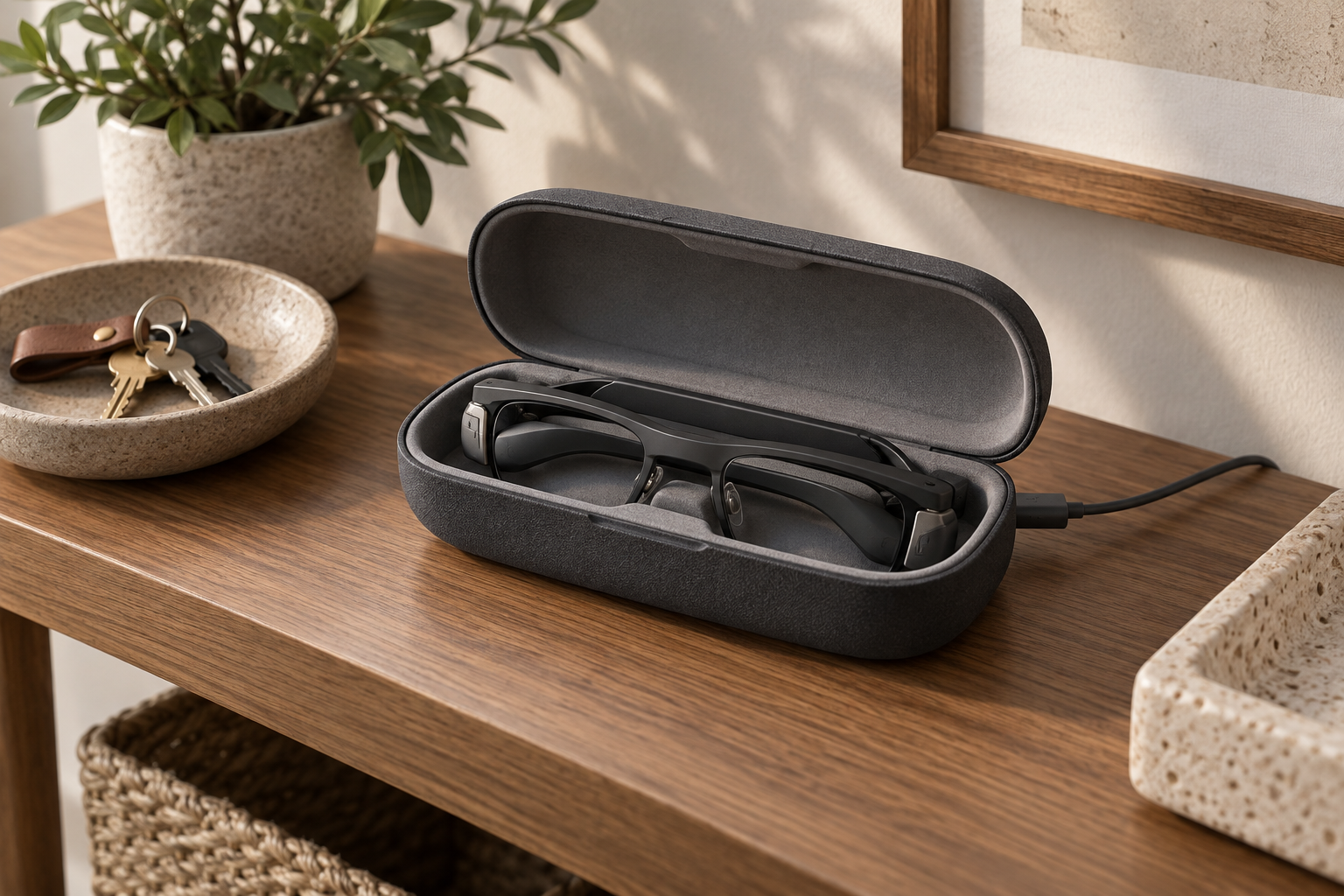 AI-generated smart glasses stored inside an open charging case beside keys.