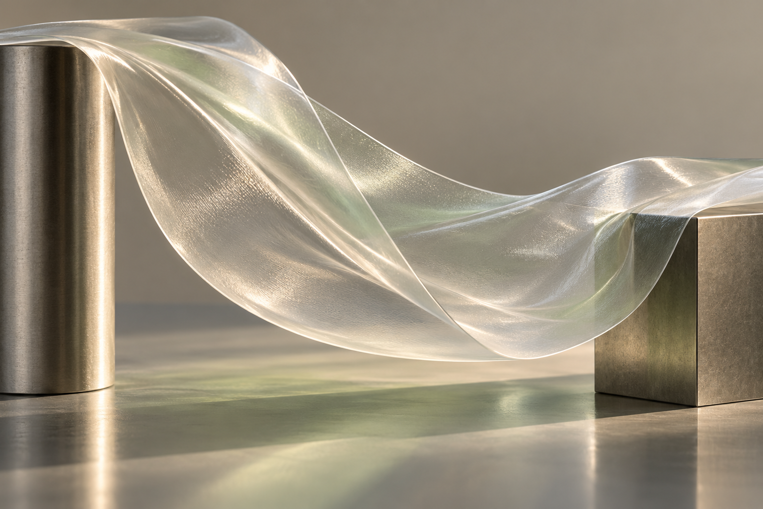 AI-generated conceptual illustration of a translucent film ribbon under grazing light.