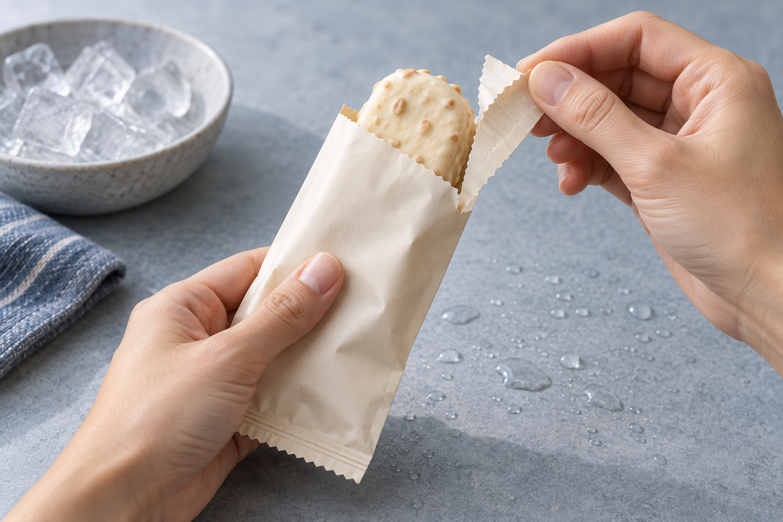 Two hands opening a small wrapped frozen treat through a controlled tear notch on a cool countertop.
