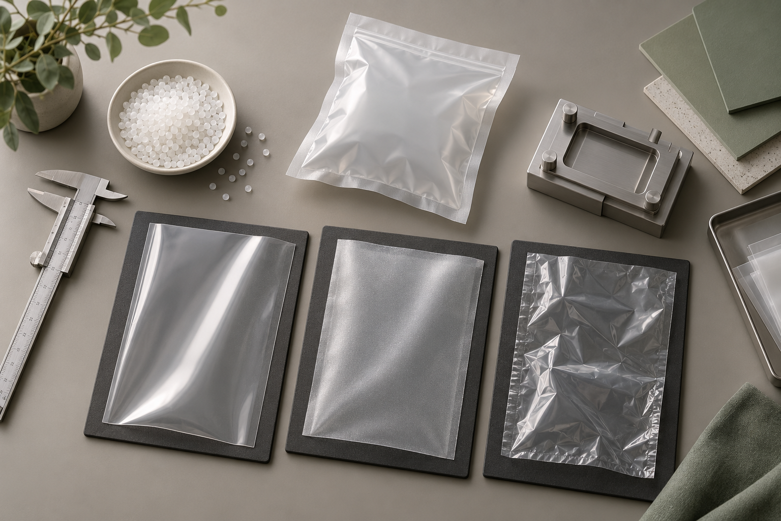 AI-generated conceptual illustration of clear film samples, a pouch and measurement tools.