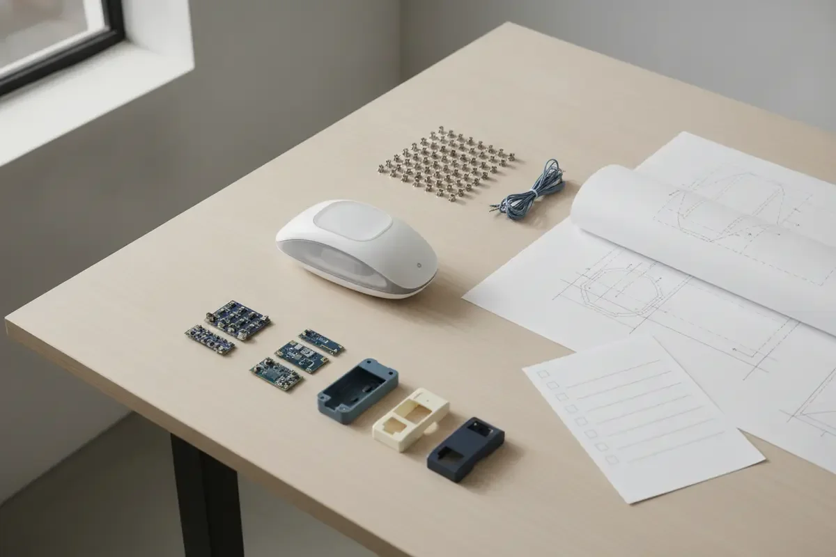Product files, prototype parts, and a checklist arranged for a production handoff review