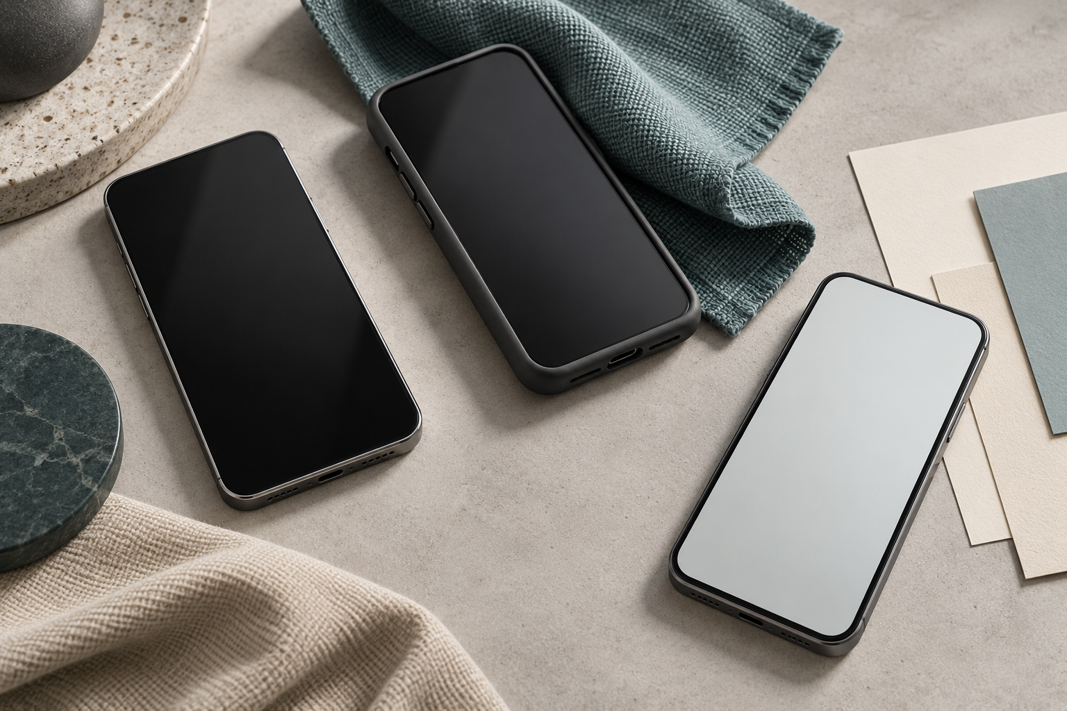 Generic phones, case and fabric arranged for interaction testing.