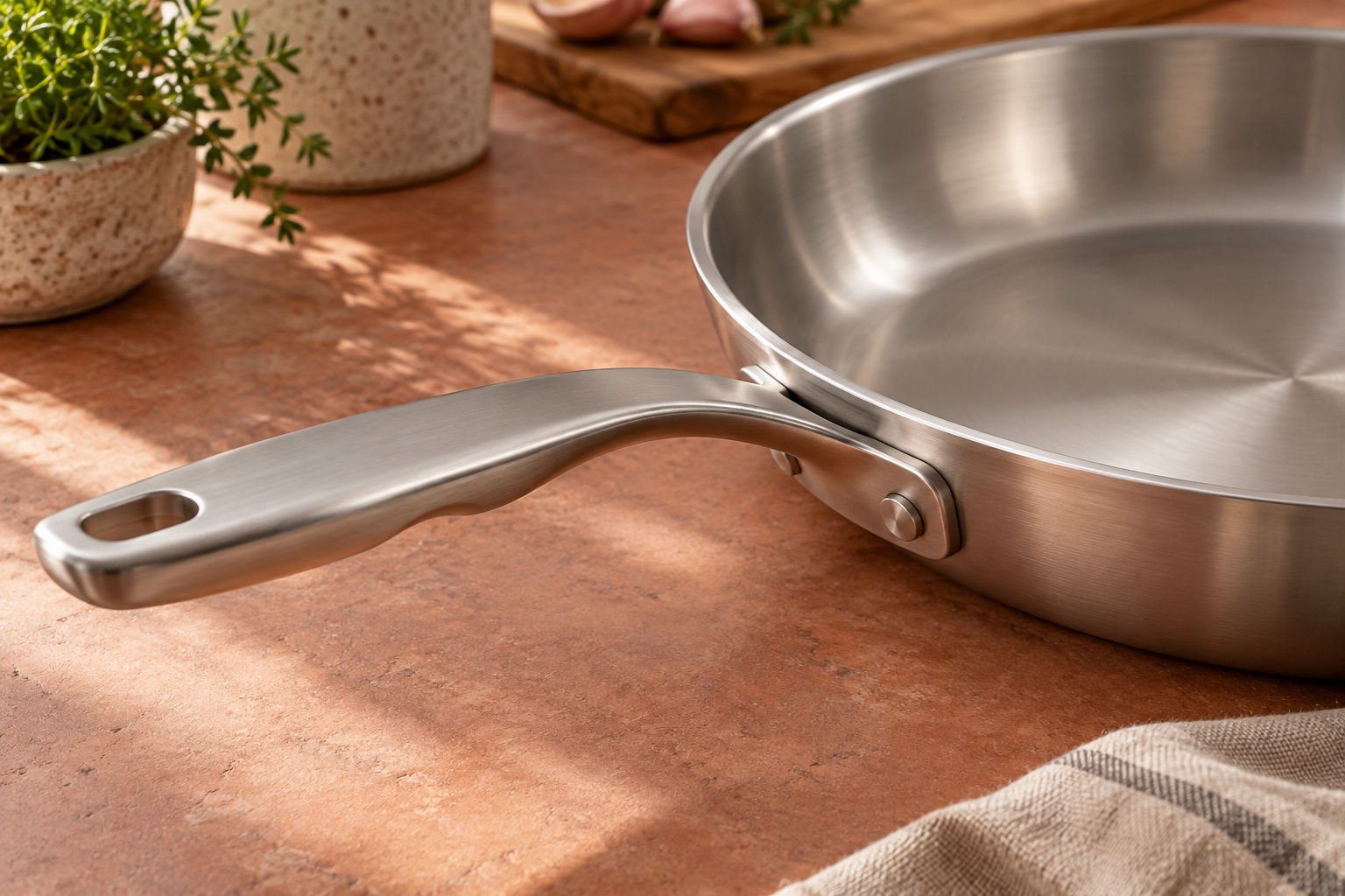 Conceptual stainless cookware handle and sealed rim detail on a terracotta surface.