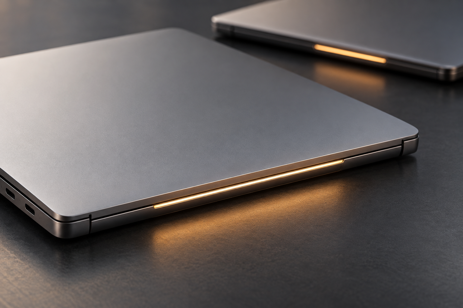 Conceptual close-up of a slim status light set into the edge of an unbranded laptop lid.